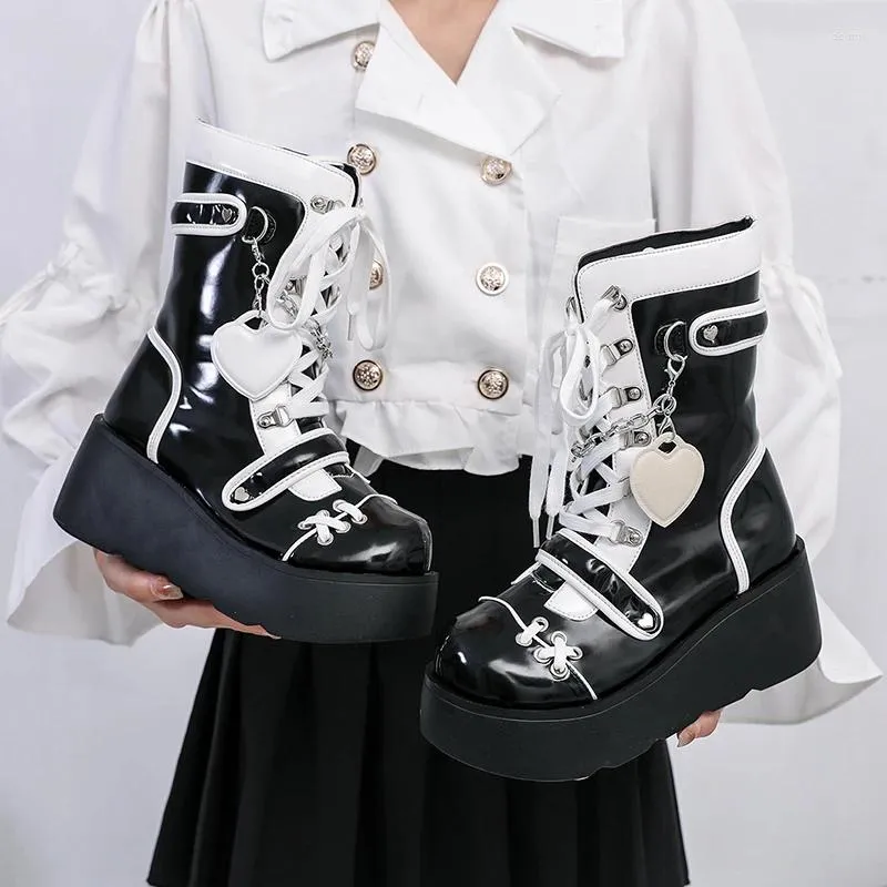 Botas mulher lolita sapatos inverno 2024 plataforma saltos femininos meados de bezerro botas gótico rosa bonito corrente jk cosplay estilo japonês