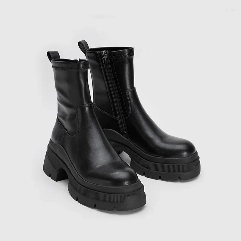 Stivali 2024 Donne di Base Della Caviglia Casual Concise In Pelle Punta Rotonda Tacchi Spessi Scarpe da Lavoro Autunno Inverno Botines De Mujer