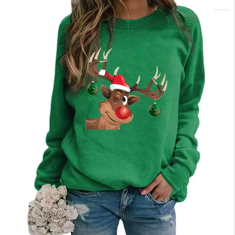 Dameshoodies Kersttruien Base Elk Printing Ronde hals Top Losse casual truien met lange mouwen