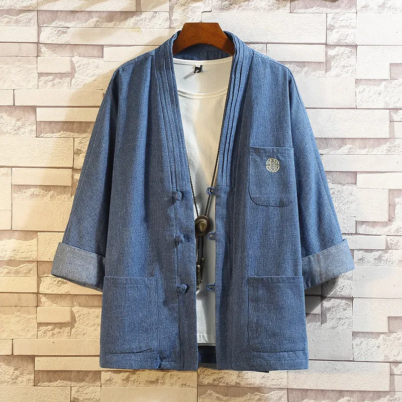 Kinesisk stil Hanfu Cardigan Button Up Denim Jacket Overdimensionerad Tang Shirt Style Top