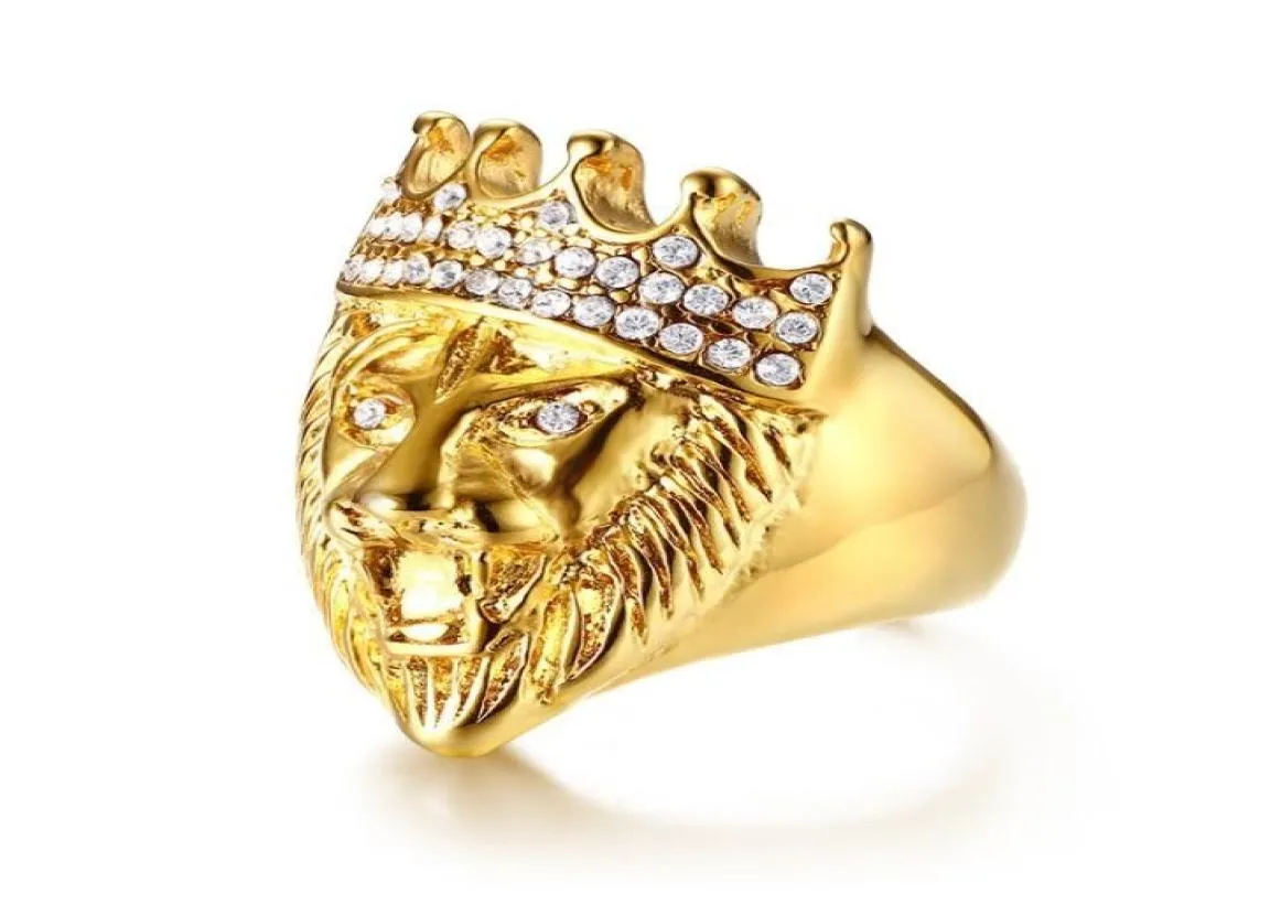 Gold Color Classic 316L rostfritt stål Men Punk Hip Hop Ring Cool Lion Head Band Gold Ring Jewelry8925476