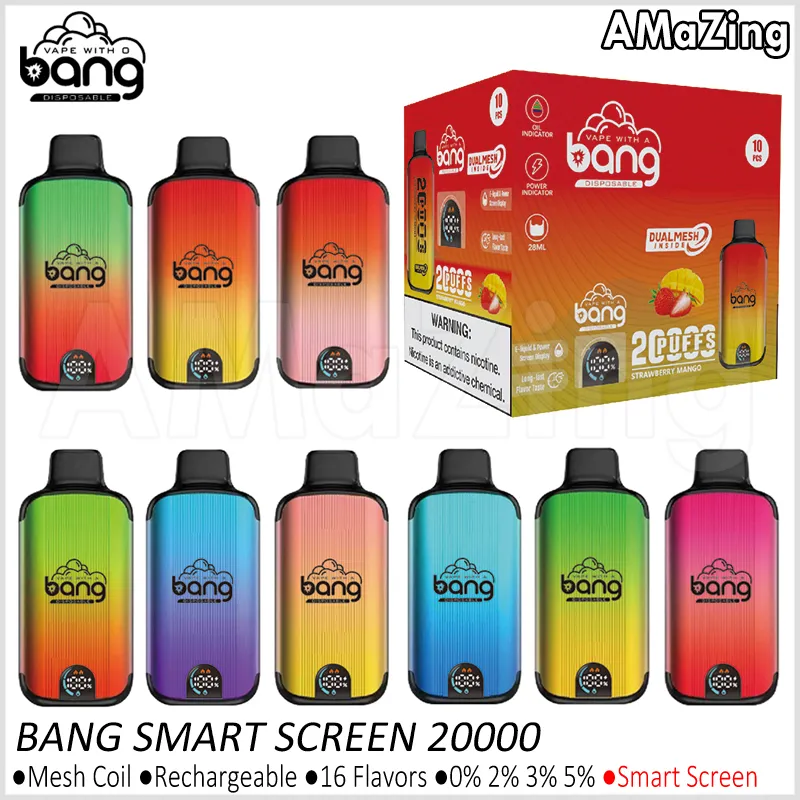 Bang Smart Screen 20000 Puflar Tek Kullanımlık E Sigaralar Puf 20K Vape Kutusu Kiti Çift Örgü Bobini Vs Puff 18000 12000 Şarj Edilebilir Vaper 0% 2% 3% 5%