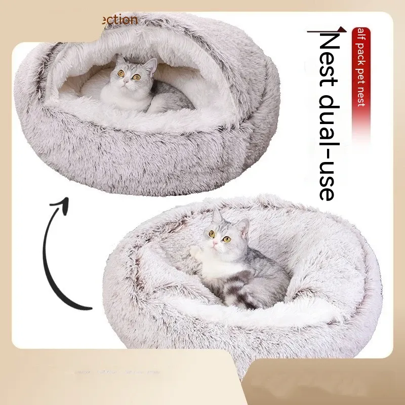 Mats Nid pour animaux de compagnie Hiver chaud avec couverture pour animaux de compagnie Antikick avec une maison de chiens de courtepointe semi-sac à moitié doux nid de chat, accessoires de chat chaleureux