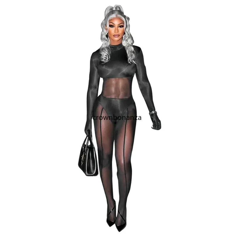 2024 Designer Mesh Patchwork Jumpsuits Women Spring Long Sleeve Rompers Sexy Sheer Overalls See Through Leggings Party Club Wear Wholesale Clothes