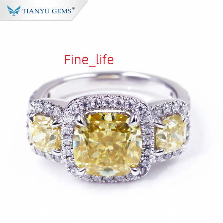 Tianyu Gems New Arrival Moissanite Ring3 Stones Yellow Moissanite Pure Gold Ring Moissanite Jewelry