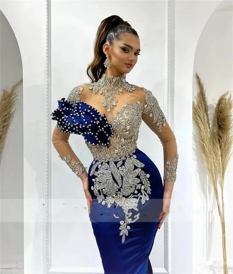 Royal Blue Mermaid Muslim Evening Party Dresses 2023 Crystals Rhinestones Illusion Sleeves Luxury Birthday Prom Gown For Dubai Women