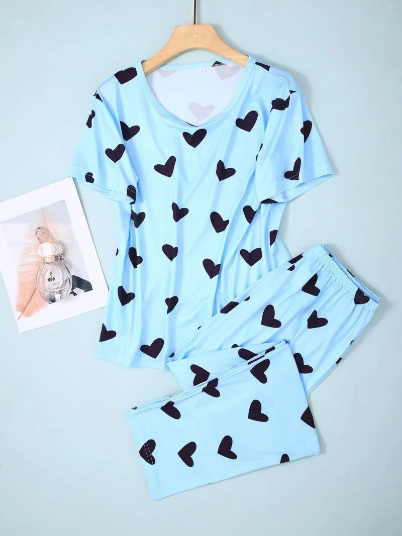 Women's Sleepwear Heart Print Pajamas Set Crew Neck Short Sleeve Top & Elastic Waistband Pants Loungewear