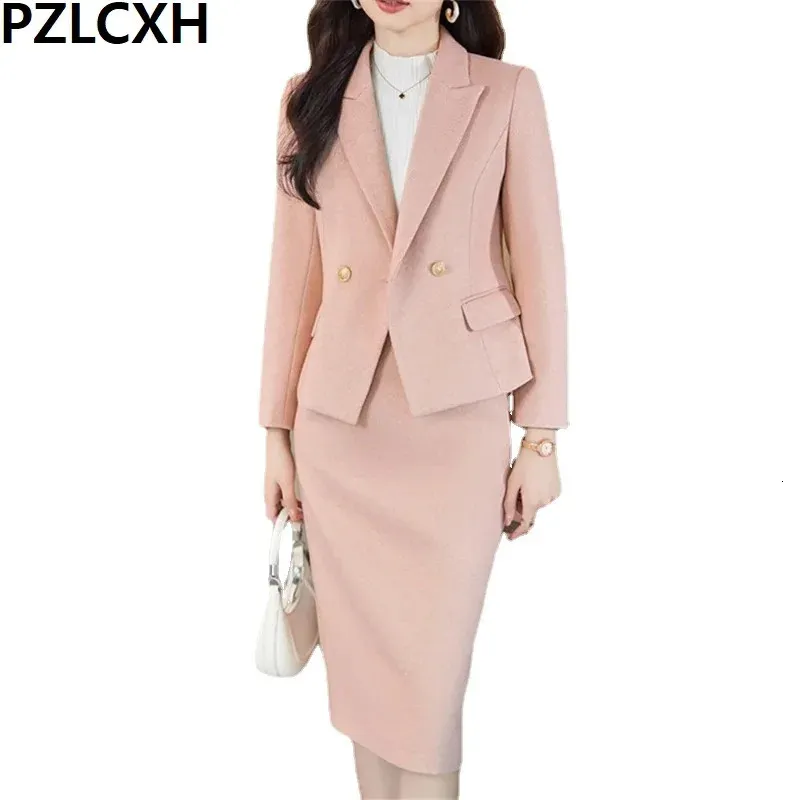 Pzlcxh traje rosa conjunto con americana para mujer moda Oficina señoras manga larga cuello vuelto Blazers elegante falda media trajes OL 240226