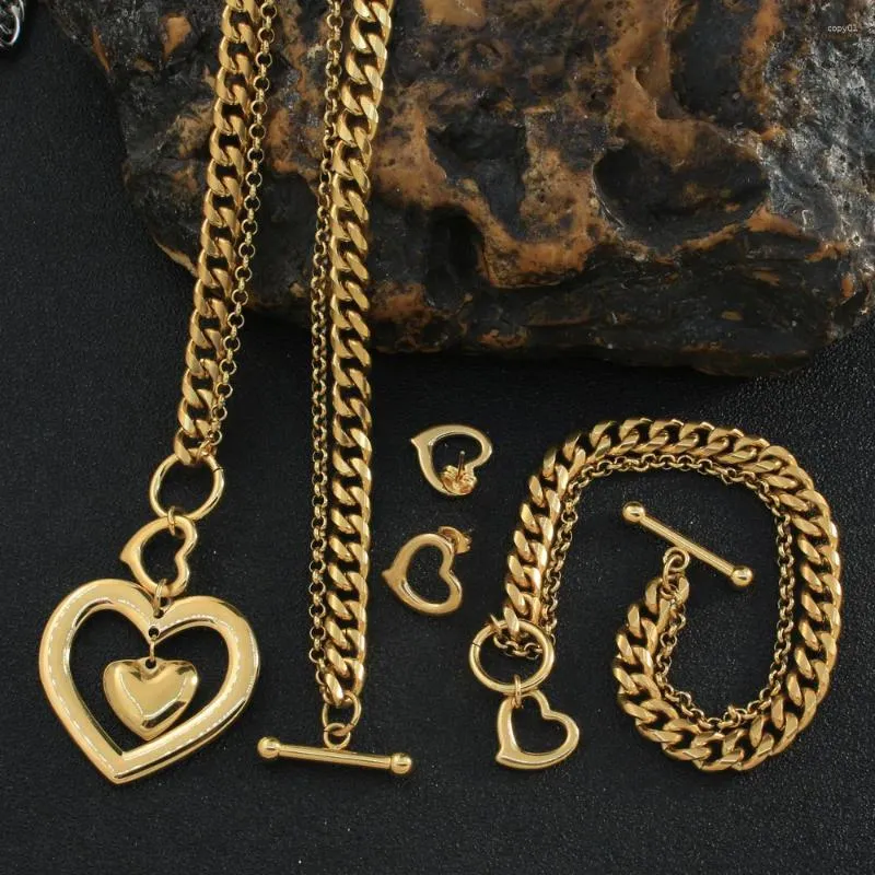 Necklace Earrings Set Fashion Stainless Steel Heart Jewelry Gold & Silver Color Chain Bracelet Stud Sets For Women High Quality