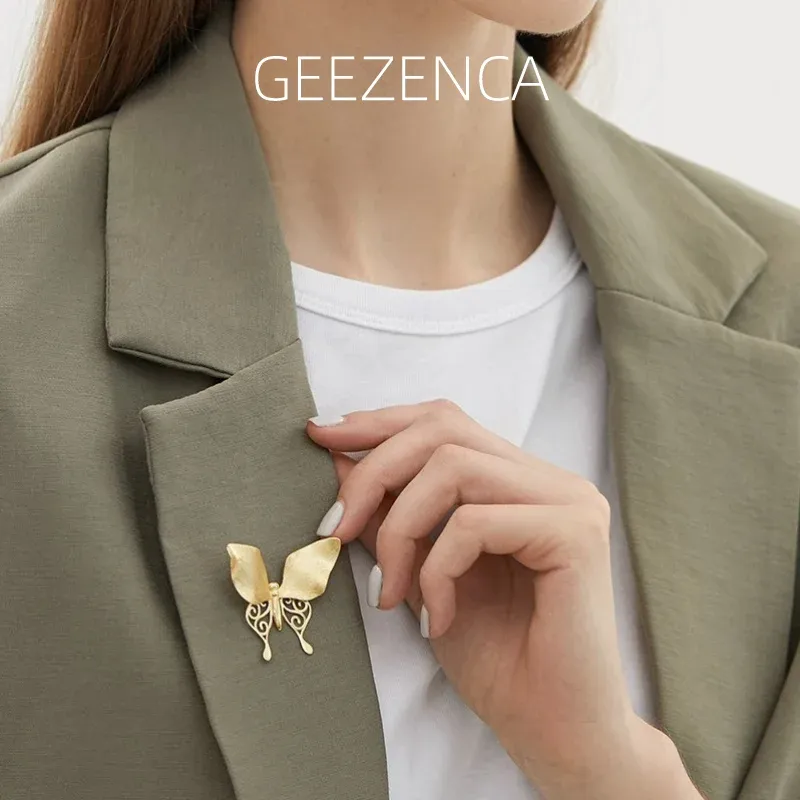 Jewelry Geezenca S925 Silver Hollow 3D Broches Butchs For Women Original Design Cit Jobing Accessories Aesthetic Pins 2023 NOUVEAU