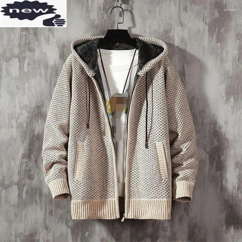 Men's Sweaters Winter Men Thicken Cashmere Hooded Warm Coat High Street Fashion Casual Outerwear Korean Style Cotton Knitting Jackets