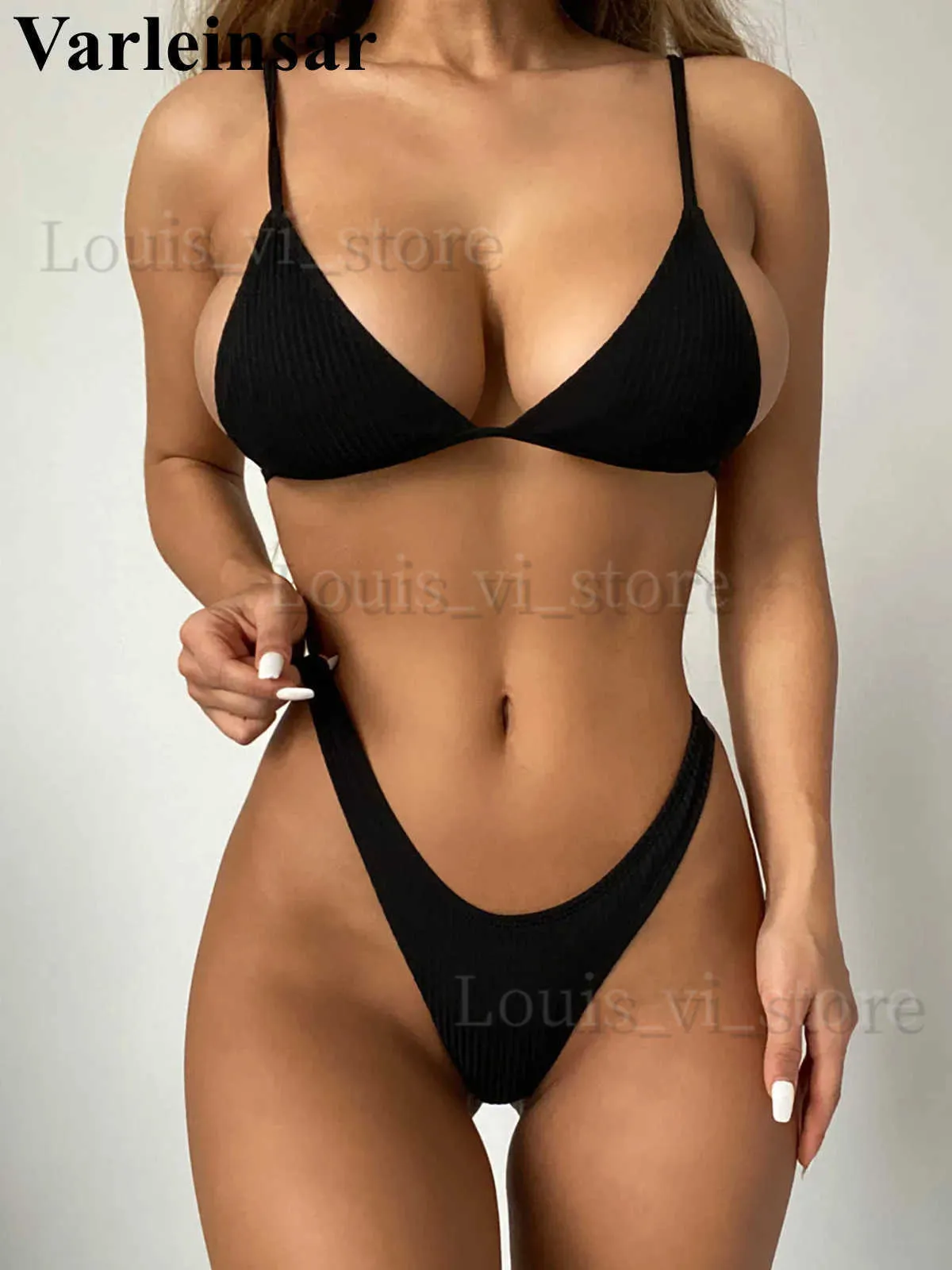 Damesbadmode XS - L Sexy 6 kleuren geribbelde hoog uitgesneden bikini Damesbadpak DameszwemkledingTweedelige bikiniset Baderbadpak Zwemmen V3510B T240227