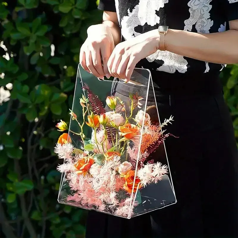 Akrylhandhållen blommorlåda Presentförpackningspåsar med handtag återanvändbar tote för ungkarlbrudtärna bröllop födelsedag 240226