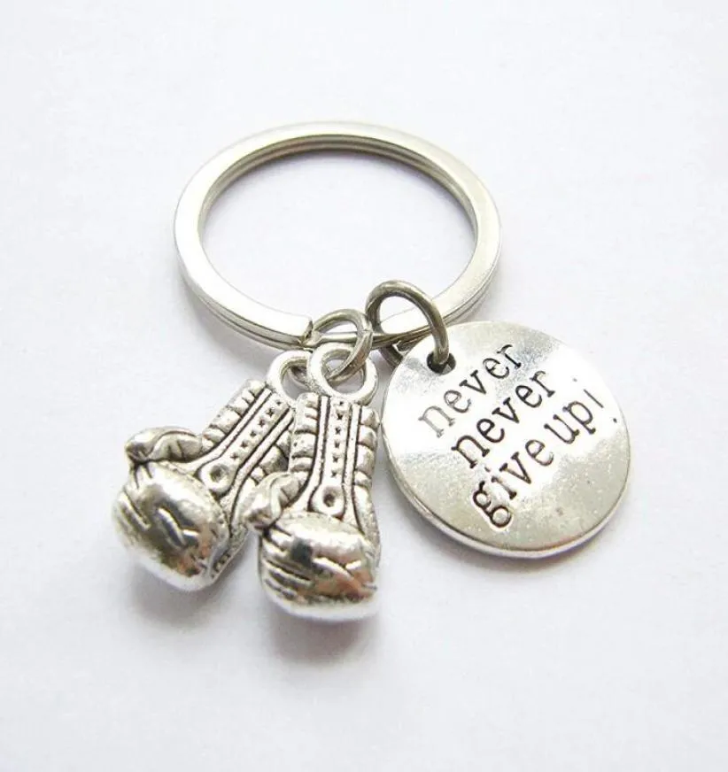 Ny Never Never Give Up Boxing Gloves Inspirational Keychain Fitness Bodybuilding KeyChain Creative Ryggsäck Pendant 4053811254