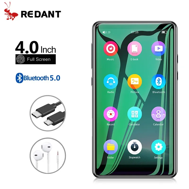 Плееры REDANT MP3-плеер с полным сенсорным экраном, Bluetooth и динамиком, 8 ГБ, 16 ГБ, Hi-Fi, металлический мини-портативный плеер Walkman с радио FM-записью