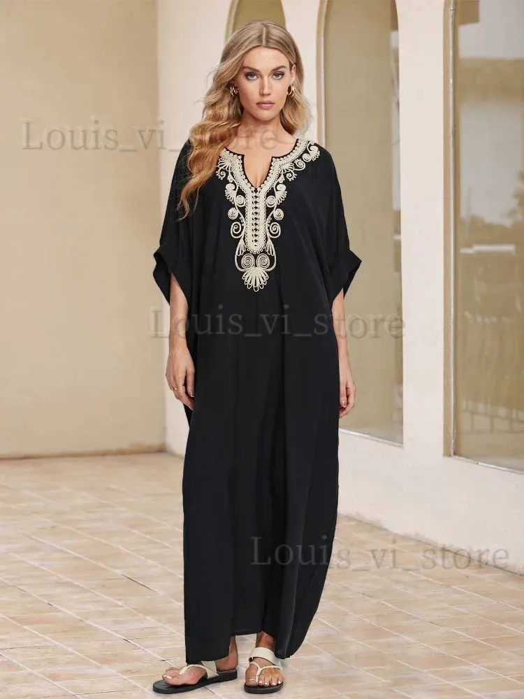 Basic Casual Dresses LORYLEI Black Embroidered Sexy V Neck Batwing Sleeve Kaftan Dress For Women 2024 Summer Classical Lounging Maxi Dresses Q1631 T240227