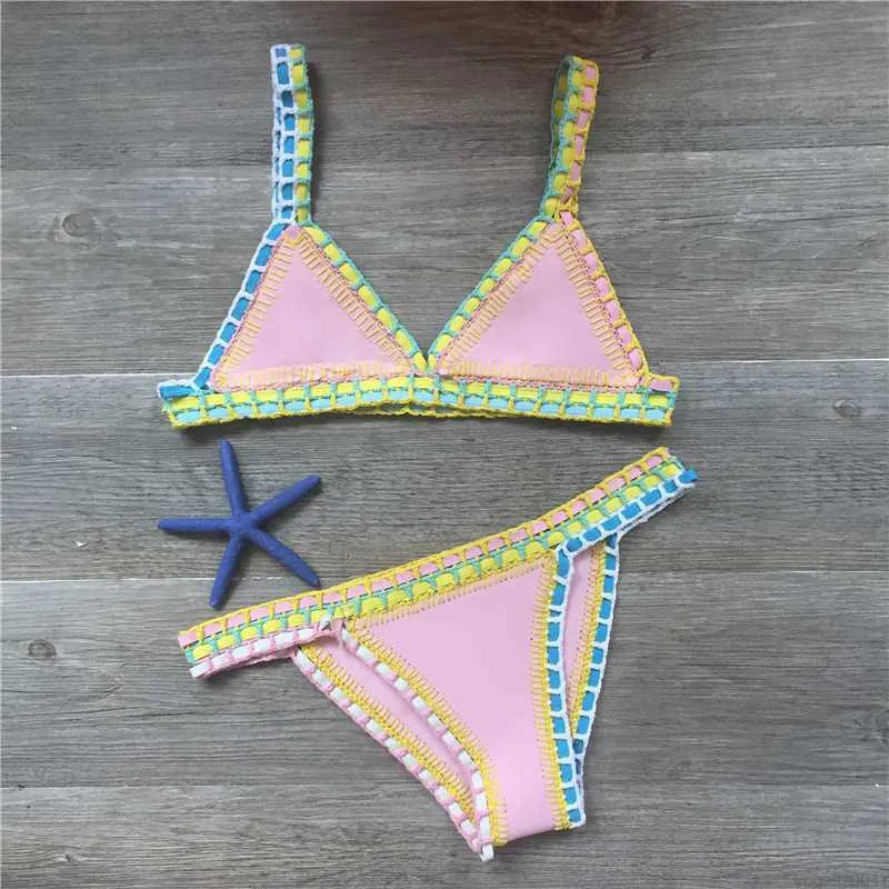 Womens Swimwear Crochet Bikini Swimwear Women Sexy Knit Patchwork Handmade Neoprene Boho Beachwear Bathing Suit Swimsuit Brazilian Biquini 230417