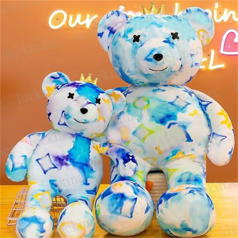 Children Dolls Colorful Trend Crown Bear Pillow Flower Printing Fluid Bears Plush Toy Cute Teddy Stuffed Cotton Doll Gift For Girls Boys