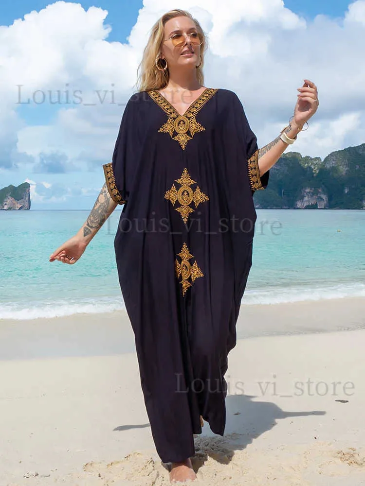 Vestidos casuais básicos causal bordado com decote em v preto plus size kaftan vestido para mulheres 2024 verão boho roupas praia wear maxi vestidos robe q1373 t240227