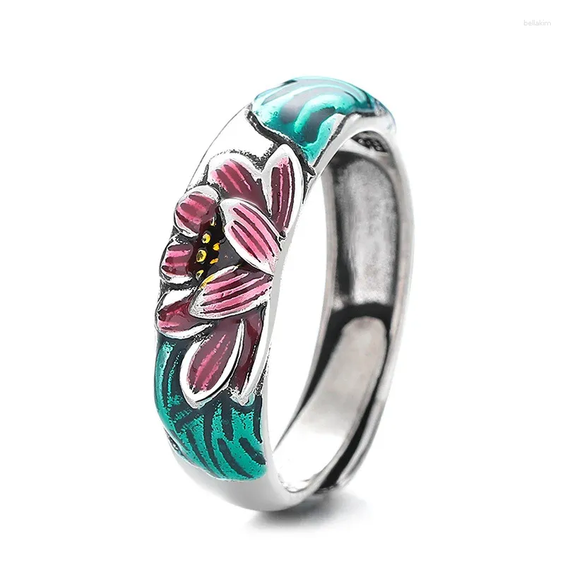 Bagues de cluster Tempérament Lotus Bague Réglable Femme Doigt Accessoires Style Ethnique Prajnaparami Coeur Sutra Rétro 925 Argent Pour Dame