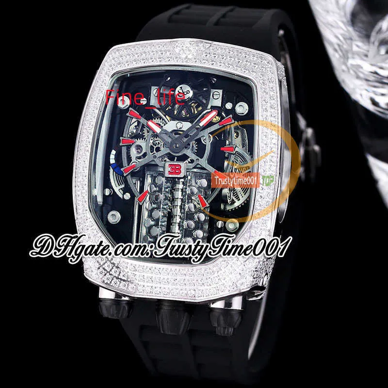 Bugatti Chiron Tourbillon Autoamtic Mens Watch 16 Cylinder Engine Skeleton Dial Iced Out Diamonds Inlay Case Red Markers Rubber Band TrustyTime001Watches