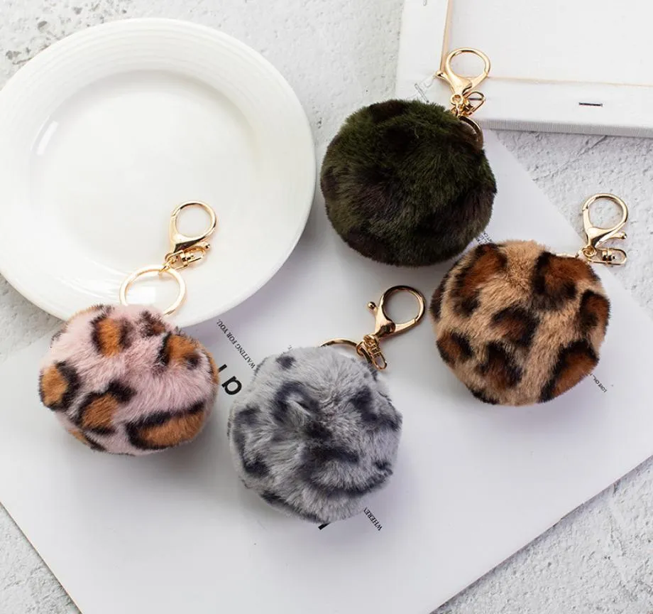 Keychain Keychain Cute Leopard Print Imitation Rex Rabbit Fur Pendant Fashion Fur Bag Plush Key Ring Hair Ball6212045