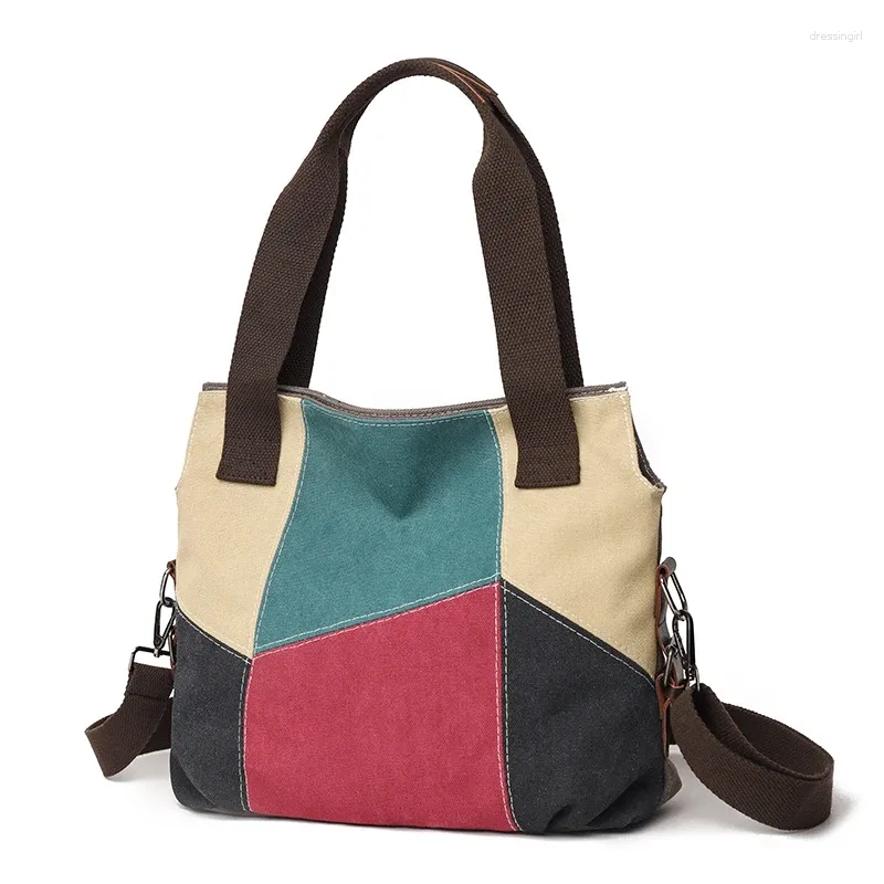 Sacos de noite emendados lona bolsa feminina de alta capacidade crossbody retro contraste cor um ombro casual grande estilo étnico tecido