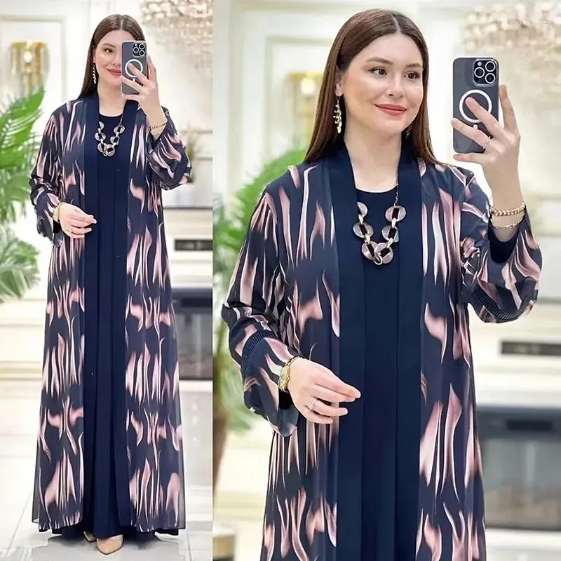 Roupas étnicas Mulheres Muçulmanas Kimono Abaya Africano 2024 Imprimir Cardigan Robe Islam 2 peças Define Femme Morroca Kaftan Long Maxi Dress