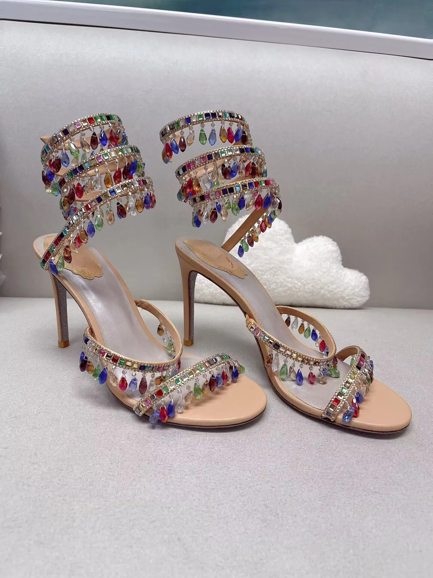 Estate Rene Caovilla Lampadario di cristallo sandali con tacco alto da donna Stile fata lusso diamante serpentino avvolto scarpe da banchetto di design romano