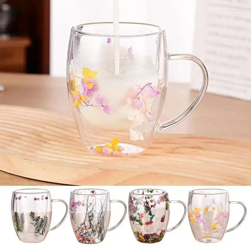 Tasses de fleurs séchées, tasse en verre à double paroi, tasse isolée résistante à la chaleur, café de 350ml avec poignée anti-brûlure pour