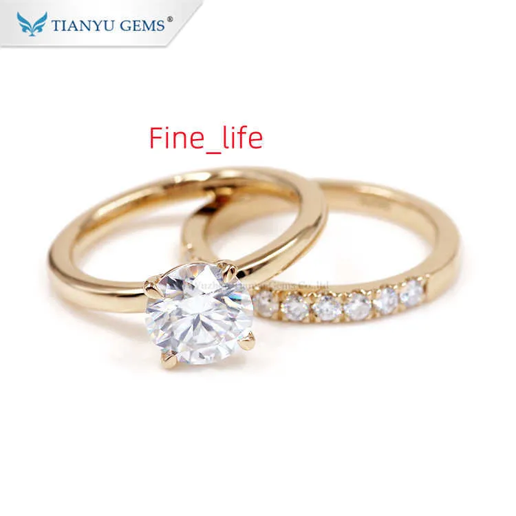 Tianyu Fine Jewelry Custom 585 750 حقيقية صفراء صفراء الذهب Mossanite الزفاف solitaire moissanite خاتم الخطوبة مجموعة للنساء