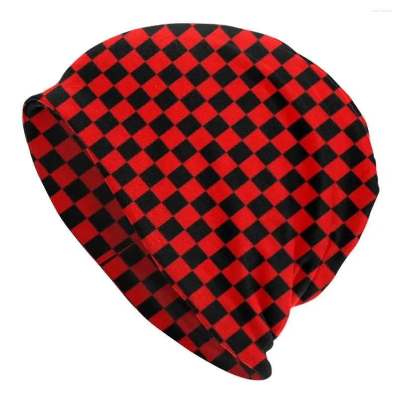 Beralar Basit Dama Tahtası Beanie Şapkalar Kırmızı ve Siyah Damalı Bonnet Serin Açık Örgü Şapka Yay Grafik Termal Elastik Kapaklar