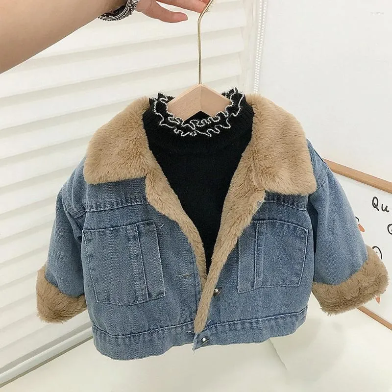 Down Coat Baby Girl Velvet Thicked Denim Jacket 2024 Autumn Winter Single-breasted Plush Warm Outerwear Korean Kids Boys Loose Coats