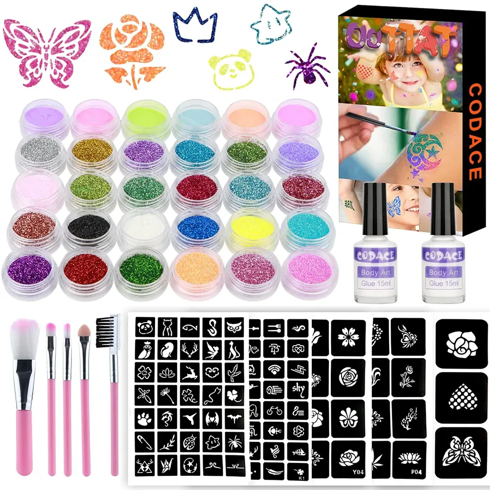 Tattoos 30 Colors Diamond Glitter Art Charm Luminous Tattoo Set Glitter Powder Sticker Makeup Brush Temporary Tattoo Set For Women Kids