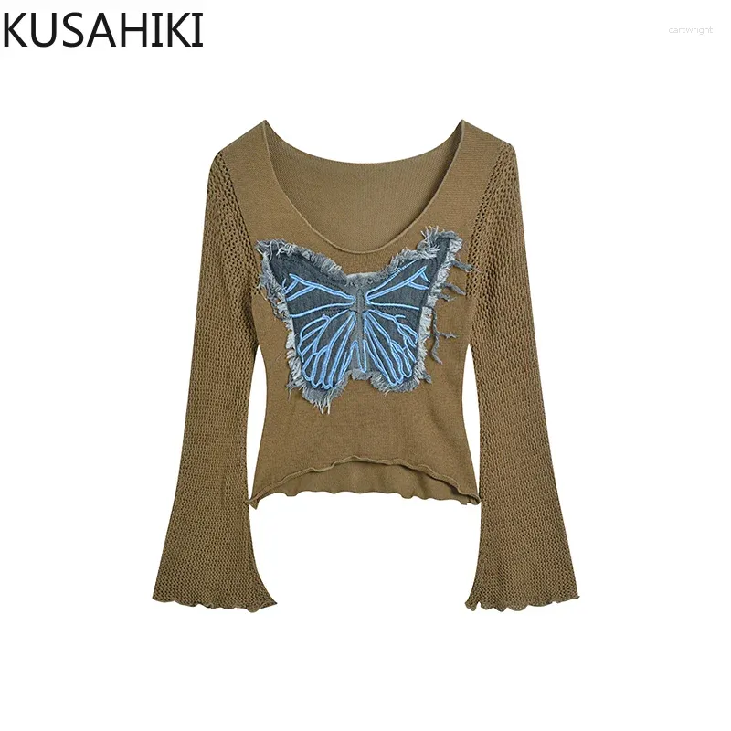 Dames truien kusahiki herfst vlinder applique short brearwear tops causale flare mouw pittig meisje 2024 pullover gebreide trui