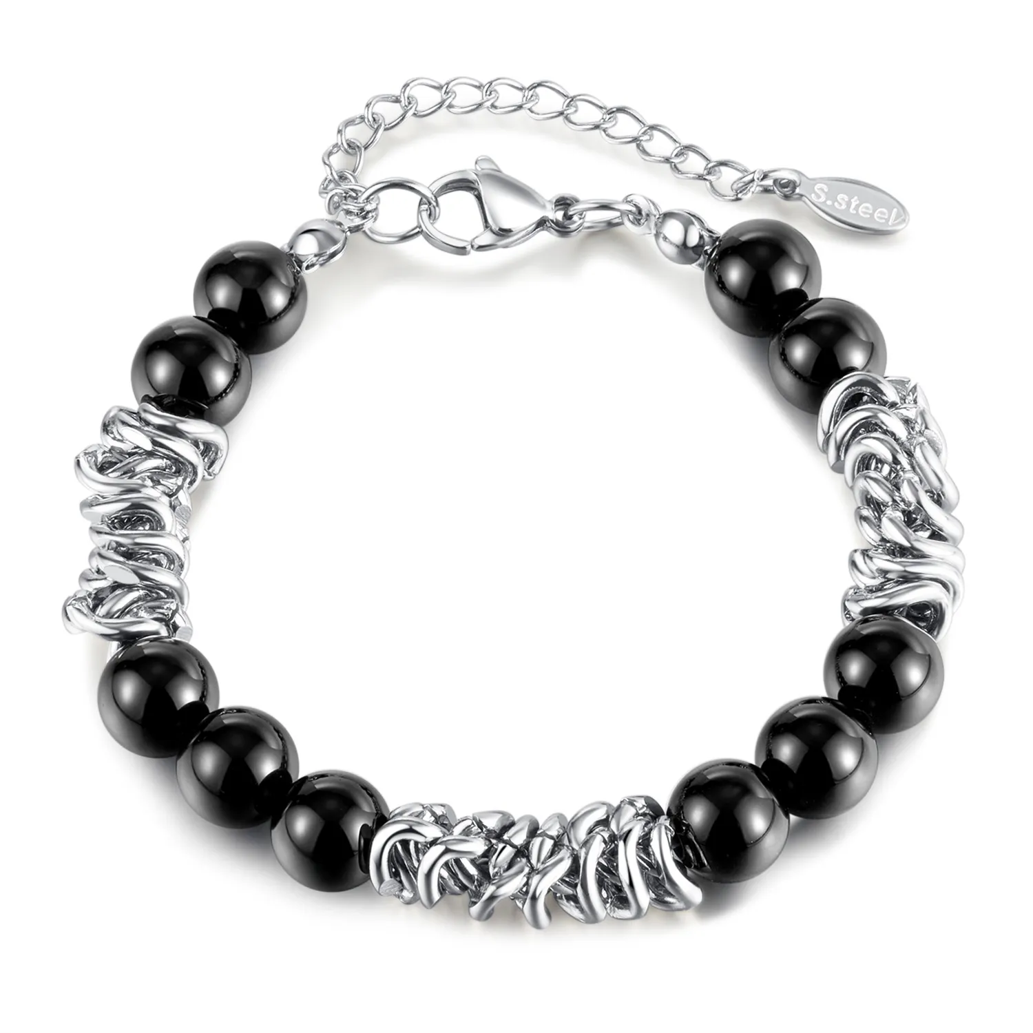 Chaîne à maillons en acier inoxydable avec boule d'agate noire, Bracelet perlé, bijoux Hip Hop simples pour femmes et hommes, 8.66 pouces, n1494