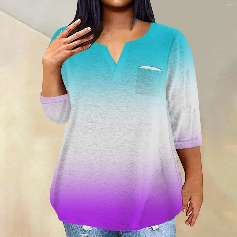 Camiseta feminina estampada com decote em V, bolso solto, manga curta, top oversized feminino, costas baixas