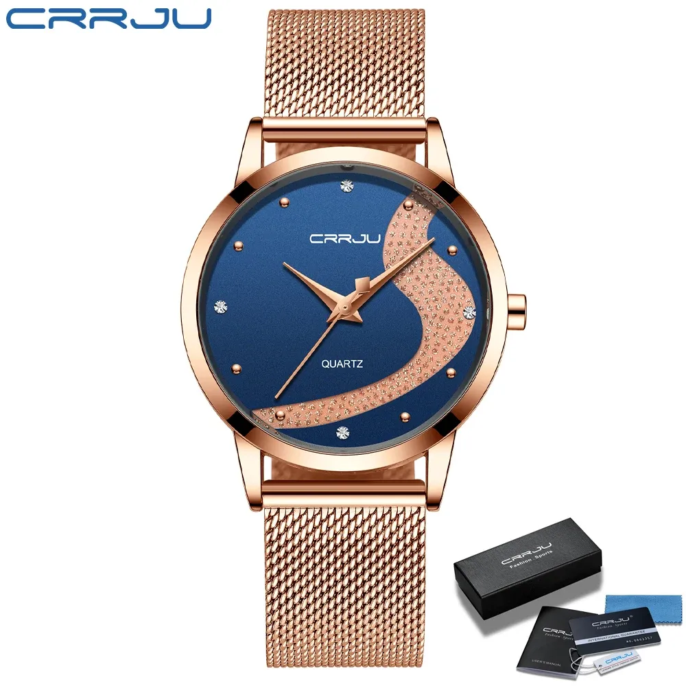 CRRJU, reloj de cristal de lujo para mujer, marca superior, malla de acero de oro rosa, relojes de pulsera para mujer, pulsera, reloj para chica, reloj femenino
