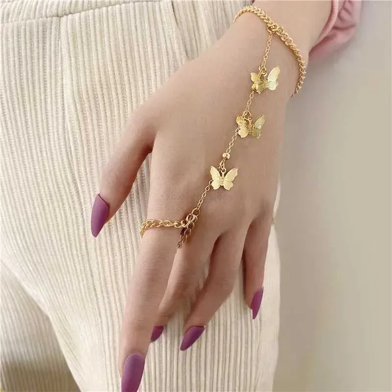 Chain Boho Butterfly Slave Bracelet Ladies One-Piece Gold Color Chain Finger Ring Bracelet Women Girls Summer Beach Jewelry 2024227