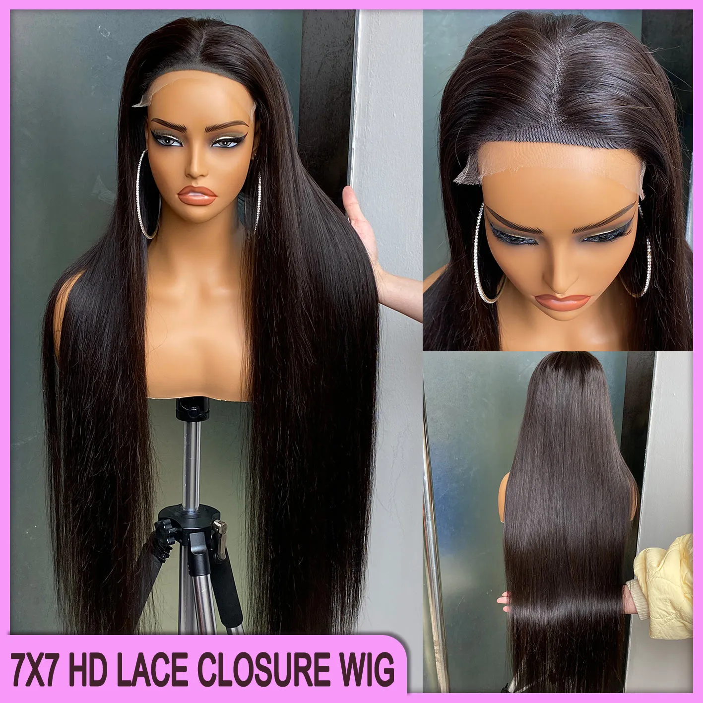 250% Density Grade 12A Peruvian Indian Brazilian Silky Straight 7x7 HD Lace Closure Wig 30 Inch 100% Raw Virgin Remy Human Hair