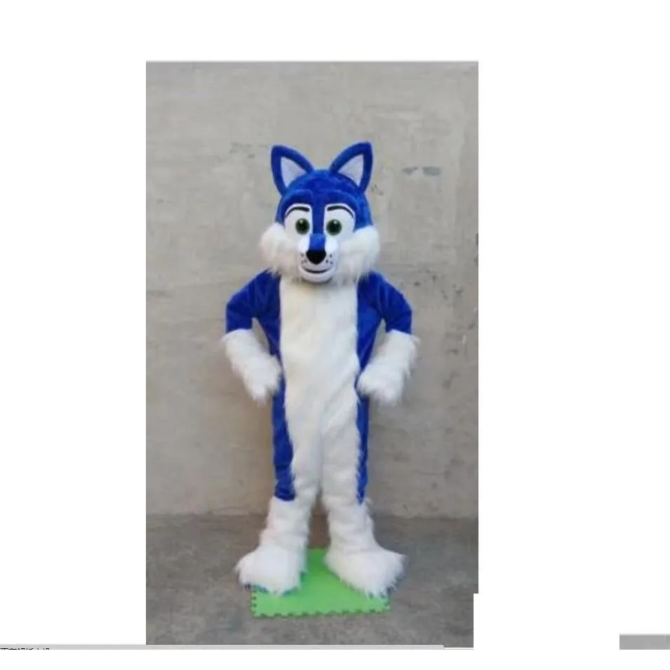 Vendita mascotte Costume da Husky blu con pelliccia lunga deluxe Costume natalizio Halloween Consegna a domicilio Costumi di abbigliamento Dhhfr