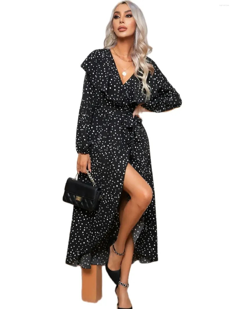 Vestidos casuais polka dot impresso folha de lótus colarinho lanterna manga comprida envolto com bainha aberta vestidos para mulheres ropa de mujer em