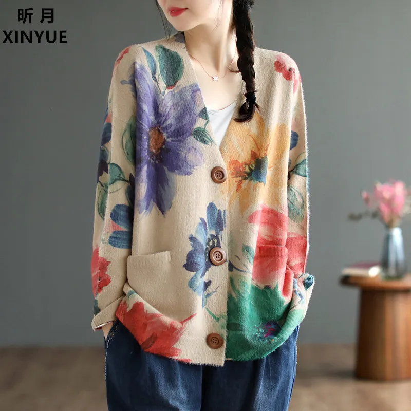 2023 Весна и осень, новый женский модный литературный норковый плюшевый свитер Feng, женский свободный повседневный кардиган с цветочным принтом и v-образным вырезом, вязаное пальто 230823