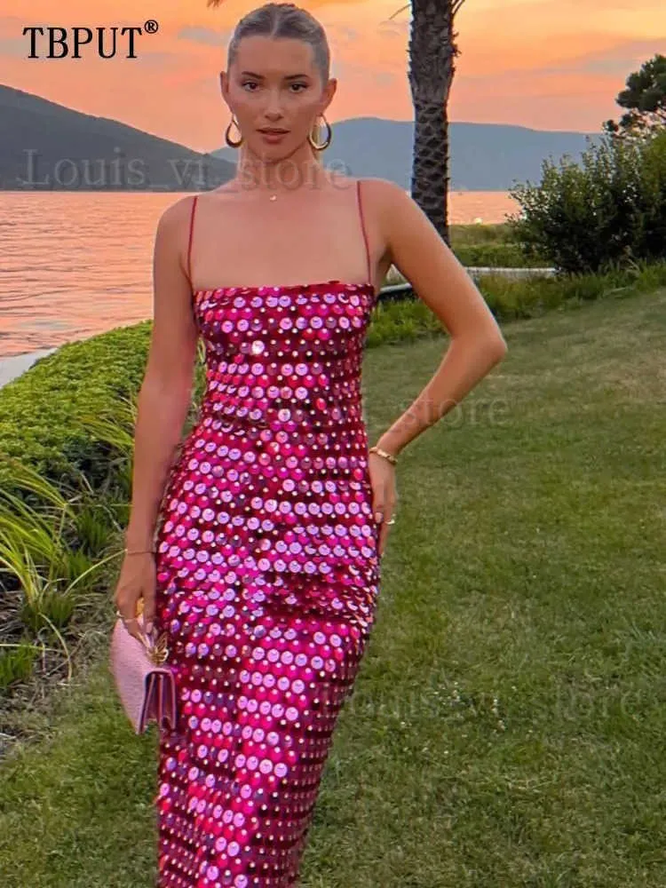 기본 캐주얼 드레스 반짝이는 섹시한 슬림 스팽글 드레스 여성 우아한 솔리드 백 스파게티 스트랩 파티 드레스 2023 새로운 세련