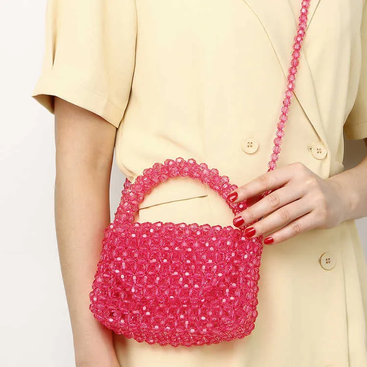Shoulder Bags New Niche Handmade Beaded Hollowed Out Crystal Bead Woven Hand Held Crossbody Banquet Candy Colored Small Square Bag 240427