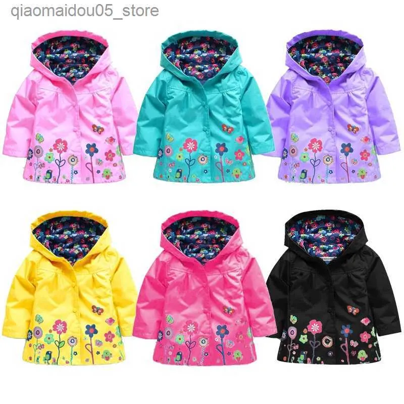 Рубашки Rash Guard Куртка с цветочным узором для девочек, осенняя водонепроницаемая детская куртка, ветрозащитная куртка с капюшоном, повседневный плащ для девочек, детская одежда для детей 2-6 лет Q240227