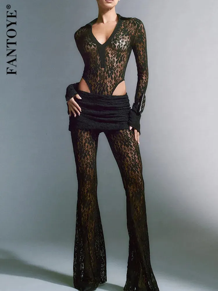 Fantoye принт цветочный прозрачный кружевной женский брючный костюм черный с длинным рукавом с высокой талией брючный костюм женский осенний повседневный комплект из двух предметов 240227