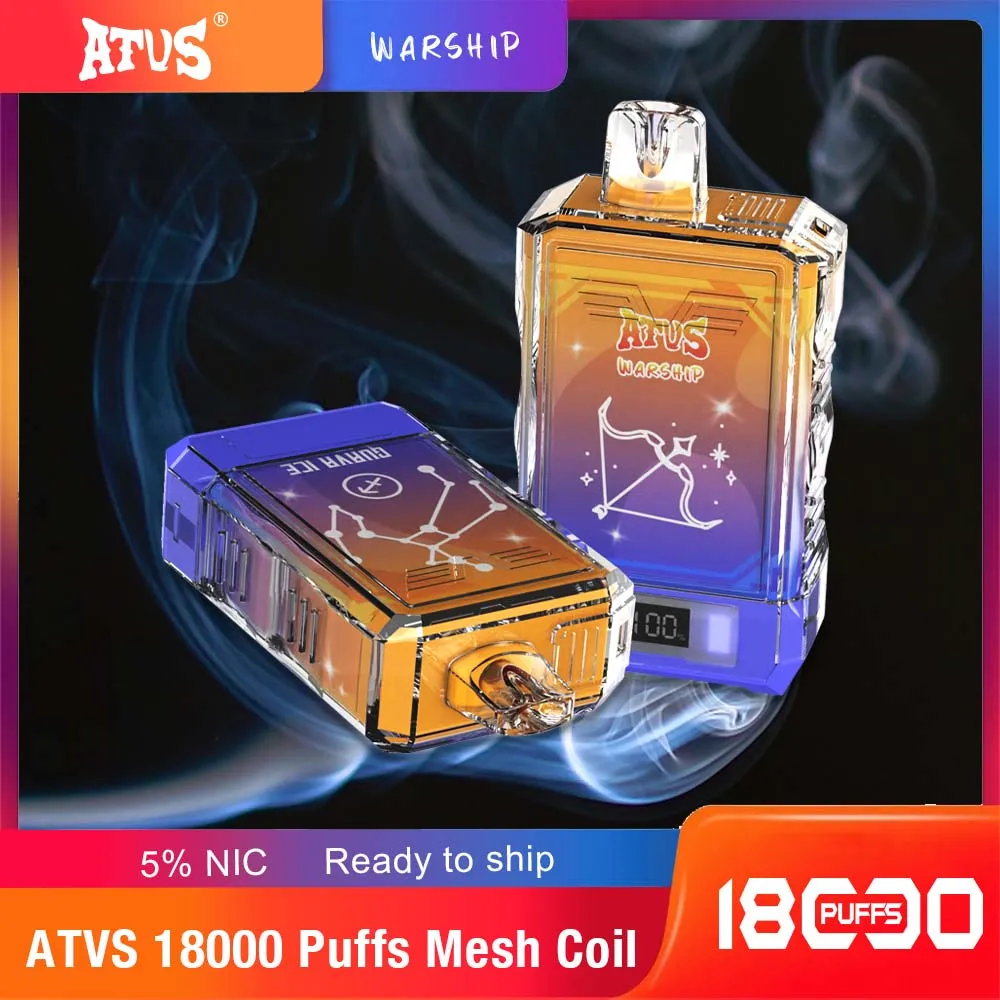 オリジナルのATVS Warship 18000 Puff使い捨て蒸気パフ15Kベイプペン電子タバコVaper 0％2％3％5％25ml事前に充填されたポッドメッシュコイル