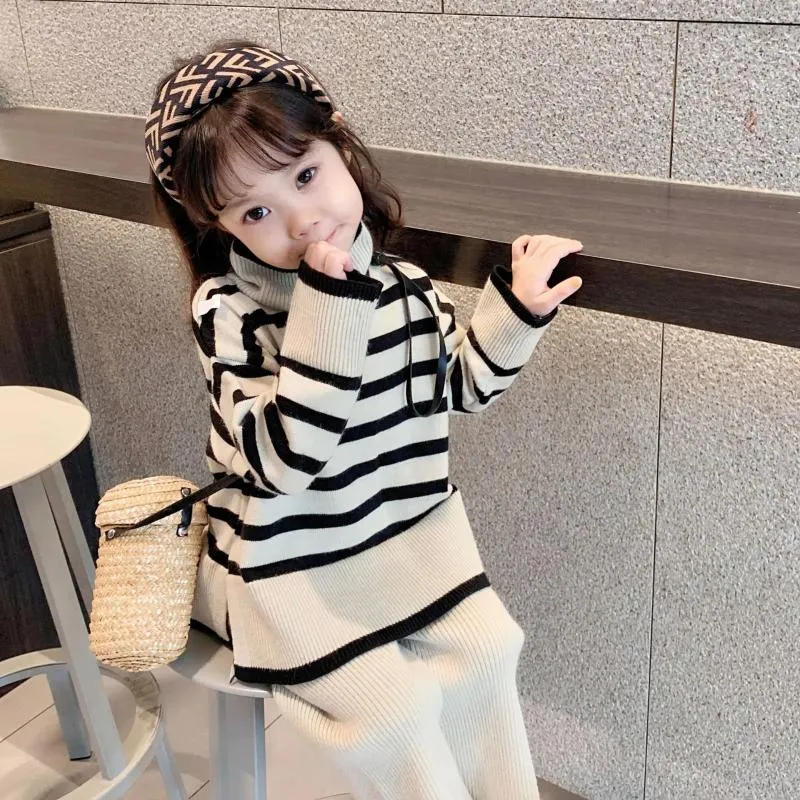 Clothing Sets 2024 Kids Sweater O-neck Collar Full Sleeve Pullover Striped Wide Leg Pants Ankle Length Solid Soft Autumn Children Girls
