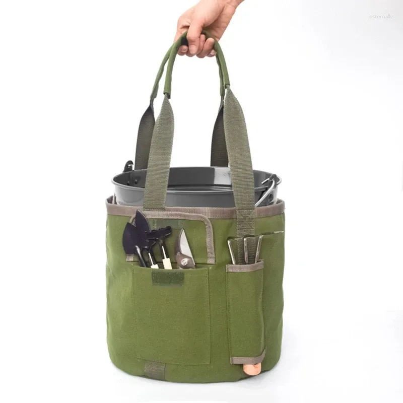 Storage Bags Portable Waterproof Green Bucket Garden Tools Bag With 2 Pockets Canvas Organizer For Men Or Women